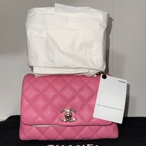 CHANEL Pink Quilted Crossbody with Silver Logo